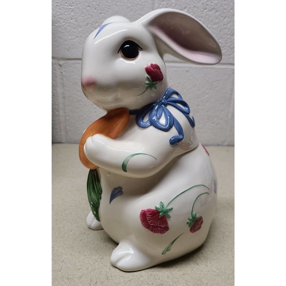 Lenox Poppies on Blue Barnyard Ceramic Cookie Jar Easter Bunny Rabbit Carrot BOX - Picture 2 of 9